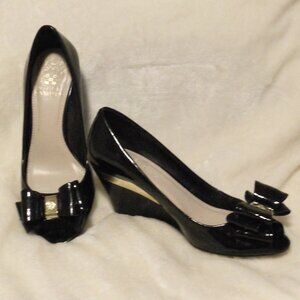 Vince Camuto 6 1/2 Black Patent Leather Peep Toe Wedge Heels "Varro"